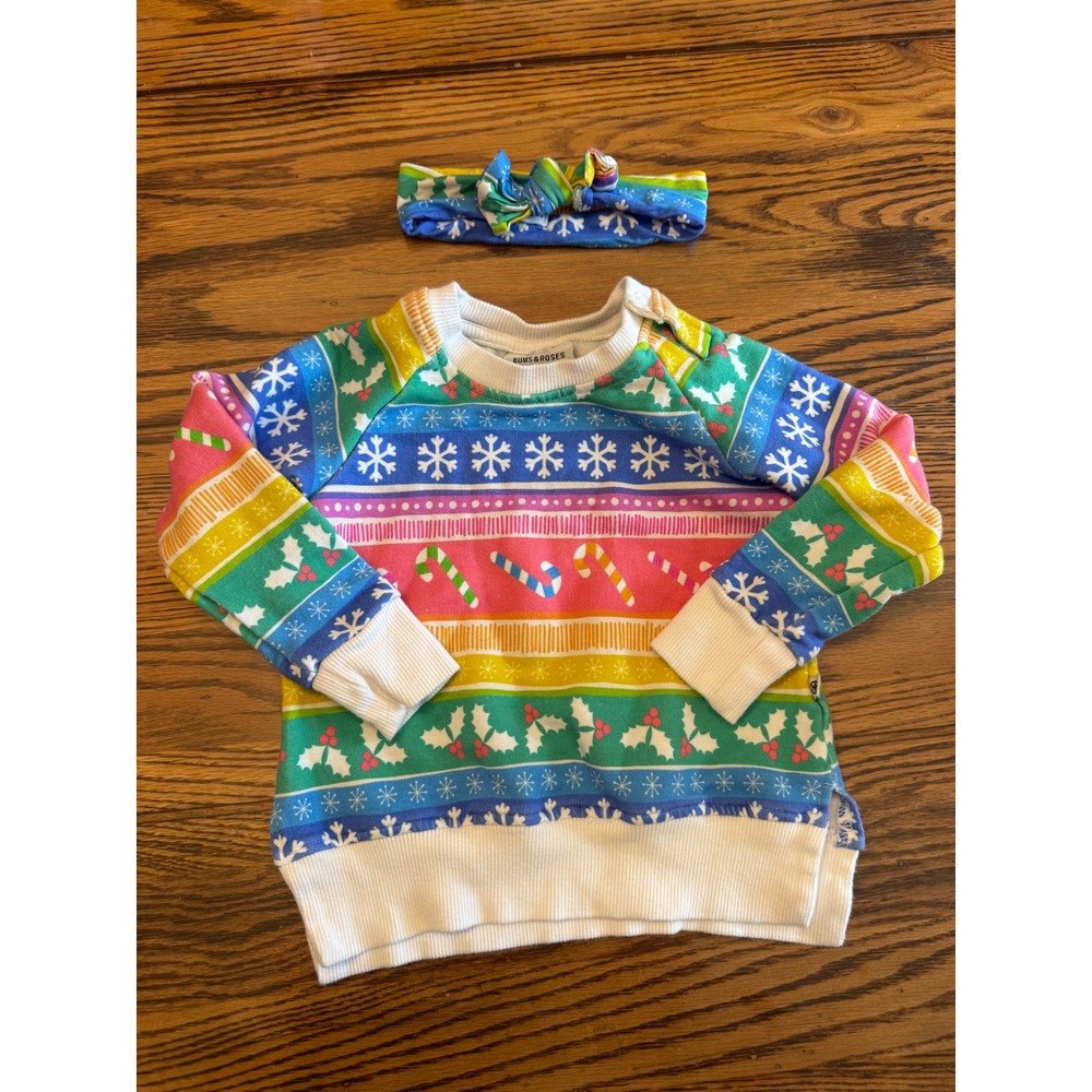 Bums & Roses Sweatshirt Baby 6-12M Rainbow Christmas Candy Cane Bamboo Crewneck